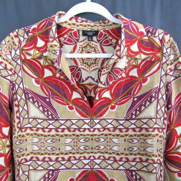 Talbots Silk Linen Tunic Top Red Tan Purple Size 10 Petite 3/4 Sleeve Semi Sheer - Picture 2 of 7